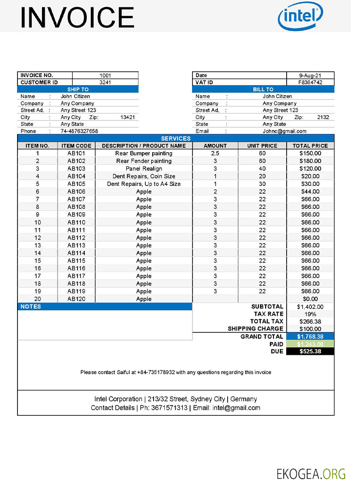 Modèle de facture Intel aux États , Unis